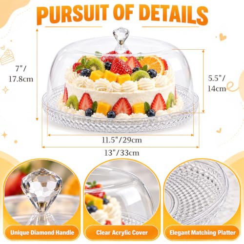 AVLA Acrylic Cake Plate with Dome, 13 Inch Cake Stand with Cover, Diamond Pattern Serving Platter with Lid for Display, Party, Entertaining, Diamond Shaped Handle