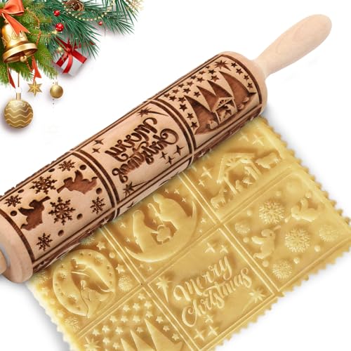 Christmas Embossed Rolling Pin for Baking Cookies Embossing Rolling Pins with Design Wooden Engraved Springerle Roller Pin Dough Patterned Clay Pottery Ceramic Bakers Women (Nativity Patterns) - color: Nativity