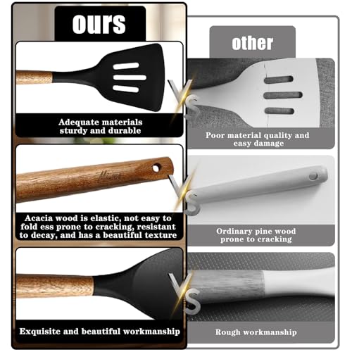 Kitchen Utensils Set, Silicone Cooking Utensils Set,Non-Stick Silicone Spatula Set with Natural Acacia Hard Wood Handle, 5 Piece, Upgraded Thickened Cookware - color: Black