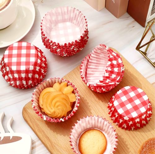 Whaline 300Pcs Red Plaids Cupcake Liners Red White Checkered Paper Baking Cups Small Muffin Cupcake Wrappers for Holiday Party Home Kitchen Supplies, 2 x 1.2 Inch - color: Red