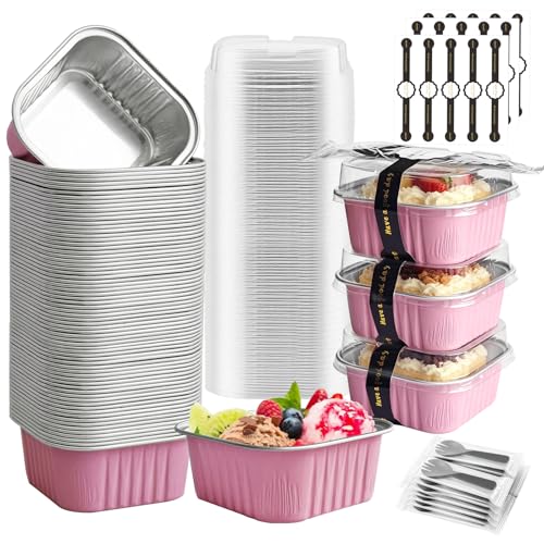 Mini Cake Pans With Lids 5oz, 50 Pack Mini Loaf Pans with Lids, Aluminum Foil Baking Cups, Disposable Square Brownie Baking Cupcake, Dessert Cups for Wedding, Birthday, Party, Picnics (Pink) - color: Pink, size: 5oz