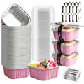 Mini Cake Pans With Lids 5oz, 50 Pack Mini Loaf Pans with Lids, Aluminum Foil Baking Cups, Disposable Square Brownie Baking Cupcake, Dessert Cups for Wedding, Birthday, Party, Picnics (Pink) - color: Pink, size: 5oz
