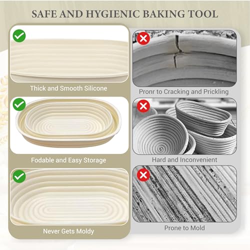 Premium Foldable Silicone Sourdough Banneton Bread Proofing Basket - Includes Oval & Round proofing Bowls (9.5 Inch) - Oven & Dishwasher Safe, Gifts for Artisan Bakers - Beige - color: Beige
