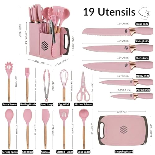 19 PCS Pink Silicone Cooking Utensils Set with Wooden Handle & Knife Set Block, Heat-Resistant Spatula, Spoon, Ladle, Whisk with Holder – BPA Free, Silicone Kitchen Utensil Set for Cooking & Baking - color: Pink