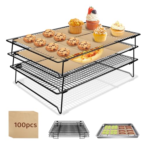 3 Tier 17" x 11" Cooling Rack for Cooking and Baking w/100 Papers