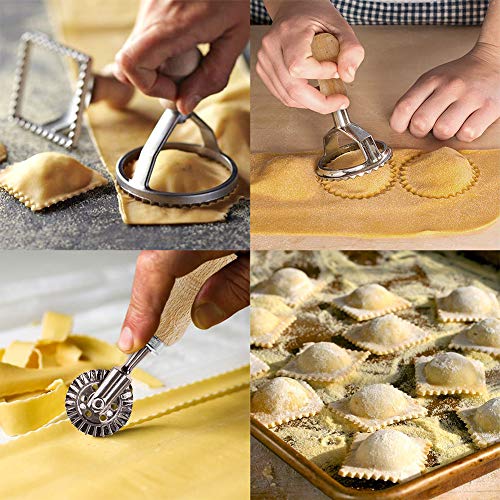 Ravioli Stamp Maker Cutter with Roller Wheel Set, Mold with Wooden Handle and Fluted Edge, Pasta Press Kitchen Attachment (MF-12456) - size: 5 piece