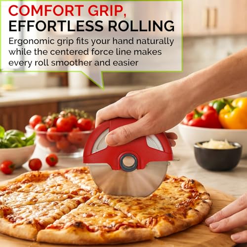 UHIYEE 4.3" Palm-Grip Pizza Cutter with Blade Cover for Thick Crusts, Red - color: Red