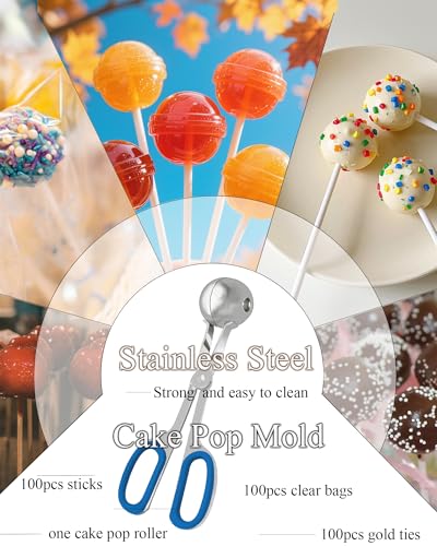Cake Pop Mold Set, Including 100 Plastic 6-inch Sticks, 100 Treat Bags, 100Pcs Color Ties, Meat Baller for Cake Pops, Scooper Ball Maker for Lollipop, Candies, Chocolates and Cookies (Blue) - color: Blue