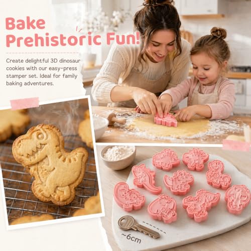 8 Piece Dinosaur Shape Cookie Cutter Set with Plunger Stamper,3D Embossed Pink Plastic Biscuits Cutters for Fondant and DIY Desserts Baking