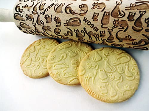 MEOW CATS EMBOSSING ROLLING PIN WOODEN HANDMADE ROLLING PIN with CATS GIFT FOR CAT LOVERS