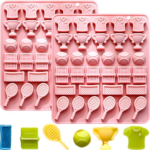2PCS Tennis Chocolate Mold 32 Cavities Tennis Sports Silicone Candy Molds Trophy Cup Ball Racket Shapes Ice Cube Molds Tennis Mould for Chocolate Candy Fondant Jello Sugar Baking Craft Cupcake Decor - color: Pink 2