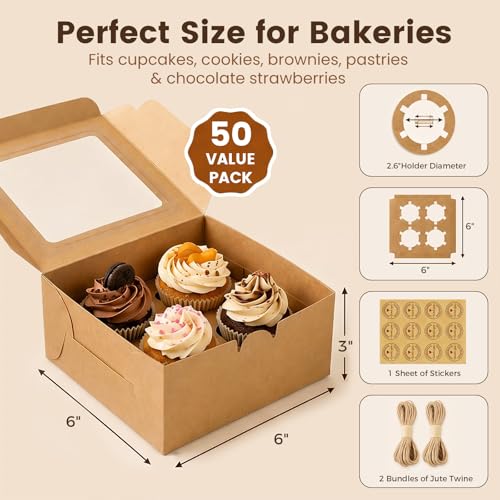 OAMCEG 6x6x3Inch Cupcake Boxes with Window,50 Pcs Cookie Bakery Boxes,Brown - color: brown-stickerA-50pcs