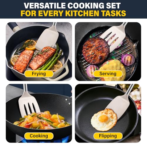 2 Pack Silicone Spatula Set, Solid & Slotted Turner for Non-Stick Pans - color: Khaki