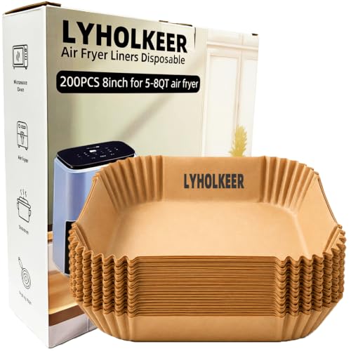 Air Fryer Liners Disposable, LYHOLKEER 200PCS 8" Square Parchment Paper, Non-Stick & Oil-Proof, Unbleached, Fits Ninja AF141 5 QT AF181 6.5QT, Cosori, Chefman, Instant Pot 6 QT, Other 5-8QT Air Fryers - size: 200PCS 8in Square for 5-8 QT