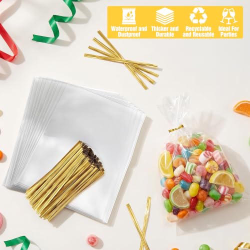 EIHPDEI 250Pcs Clear Gift Bags 12"x16" with 250Pcs Gold Twist Ties