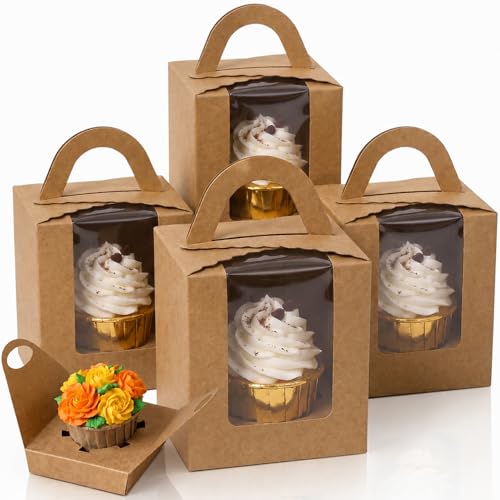 100 Pack Cupcake Boxes Individual, Brown Kraft, 3.7 x 3.7 x 4.3 In
