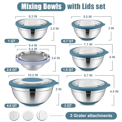 E-far Stainless Steel Mixing Bowls with Lids & Colander, 15PCS - color: Blue