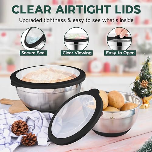 Onader Mixing Bowls with Lids Set of 6 for Kitchen, Stainless Steel Metal Nesting Bowls with Non-Slip Bottom Black - Size 1, 1.5, 2, 2.6, 3.5, 7QT - color: Black