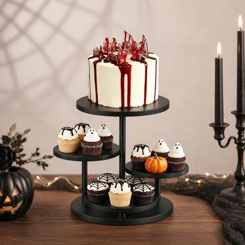 Halloween Cupcake Stand for 50 Cupcakes 4 Tier Wooden Dessert Display Stands 360°Rotatable Cookie Display Stand with Tiered Trays Round Cake Stand for Parties Wedding Dessert Table, Black - color: Black
