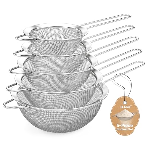 Mini Fine Mesh Strainer Set 5 Pack, Stainless Steel Small Sieves Colanders, Multipurpose Sifter Strainer for Tea, Pasta, Juice & Baking（ 2.13″, 2.72″, 3.29″, 3.9″ and 4.72″）