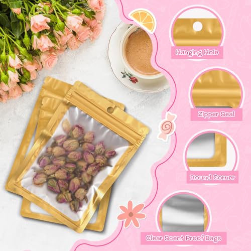 FUNFERY 100 Pack Mylar Resealable Bags, Gold Foil Packaging Bags - color: Gold, size: 2.4 x 3.9 inch