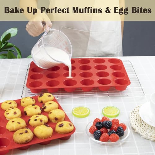 24 Cups Silicone Mini Muffin Pan Set, Nonstick Mini Cupcake Pans, BPA Free Small Muffin Tin for Baking, Set of 2 (Red+Red) - color: Set of 2--24 Cups (Red+Red)
