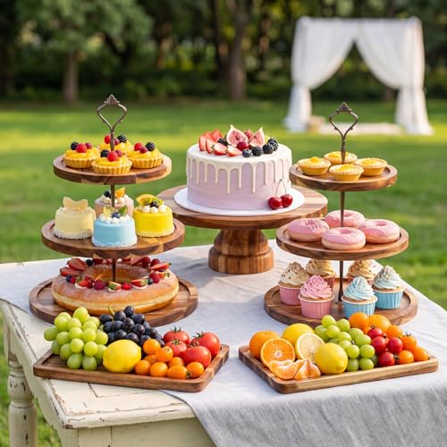 RattanView 7 Pcs Wooden Dessert Display Set 3 Tier Stands Trays, Brown - color: Brown