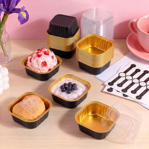 Mini Cake Pans with Lids, Aluminum Foil Cupcake Baking Cups - 10oz 60 Pack - color: Black, size: Square - 10oz