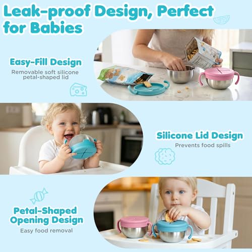 Snack Cups, 2 Pack Stainless Steel Toddler Snack Containers, Spill-Proof - color: Pink + Green