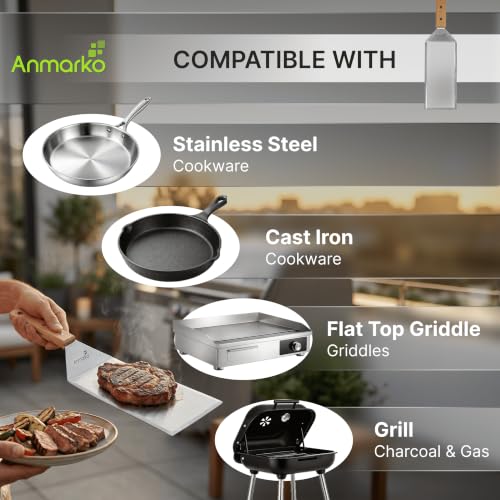 Stainless Steel Metal Griddle 4 x 8 inch Spatula - Spatula Hamburger Turner Scraper - Pancake Flipper - Great for BBQ Grill and Flat Top Griddle - Commercial Grade - color: Wooden handle turner