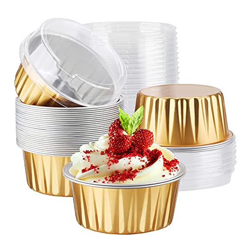 EUSOAR Mini Cheesecake Containers, 30pcs 5oz 125ml Aluminum Foil Muffin Liners Cups with Lids, Cupcake liners Baking Cups, Disposable Foil Ramekins Creme Brulee Pans Holders, Mini Pie Pans with Lids - color: Gold, size: 30pcs