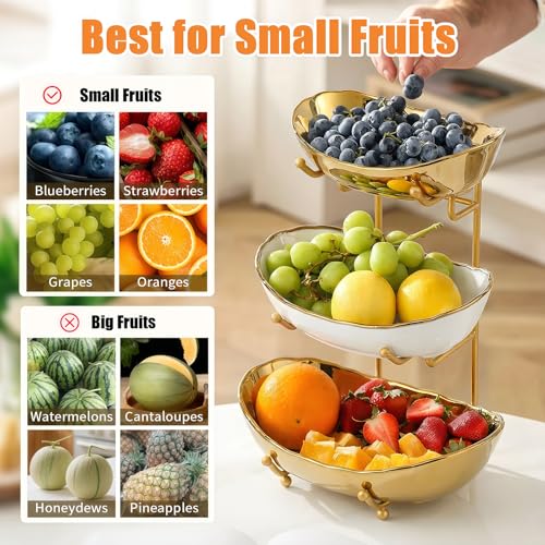 3 Tier Fruit Basket, Ceramic Fruit Bowl for Kitchen Counter 2 - color: Gold&White, size: Small