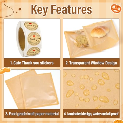 150 Pack Bakery Bags with Window, 7.5 x 7.1 Inches, Sublaga Paper Sandwich Bags, Donut Bags To Go, Bakery Paper Bags for Treat, Snack, Cookie Waffle Cake Packaging - color: Brown