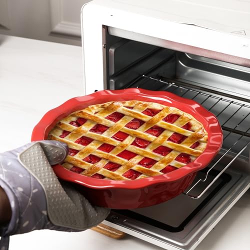 vicrays Ceramic Pie Pan for Baking - 9 inch Pie Plate, Round, Fluted and Deep Pie Dish for Tart, Pizza, Apple Pie, Quiche, Pot Pies, Cake - Reactive Glaze (Red) - color: Scarlet Red