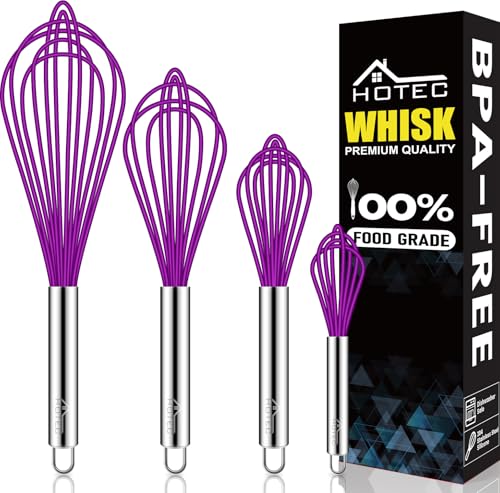 HOTEC 4Pcs Silicone Whisk Set, Wire Balloon Whisks for Cooking Egg Beater - color: Purple,Silver