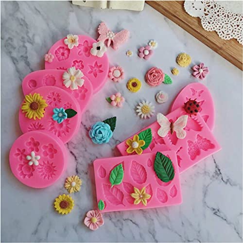 Silicone Cake Mold Set -8 Pcs, Rose Butterfly Daisy Rose Leaf and Mini Flowers Fondant Candy for Chocolate Polymer Clay Soap Crafting Projects Cake Decoration