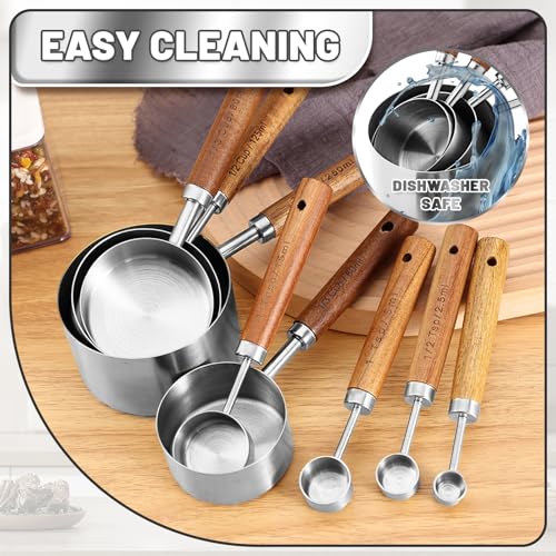 Premium Wood Handle Stainless Steel Measuring Cups and Spoons 8PCS - color: Silver8