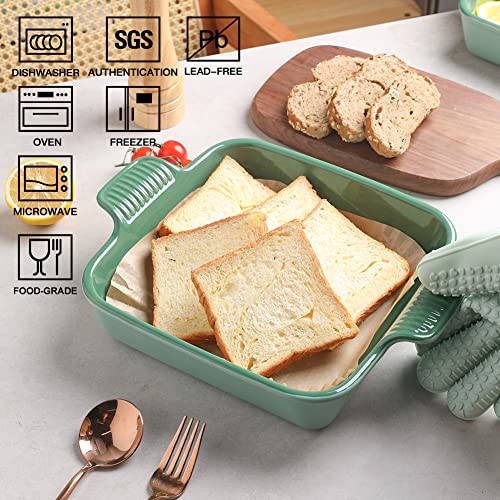 Sweejar Ceramic Baking Dish, 8 x 8 Cake Baking Pan for Brownie, Porcelain Square Bakeware with Double Handle for Casserole, Lasagna, Family Dinner (Light Green) - color: Light Green, size: Square 8IN