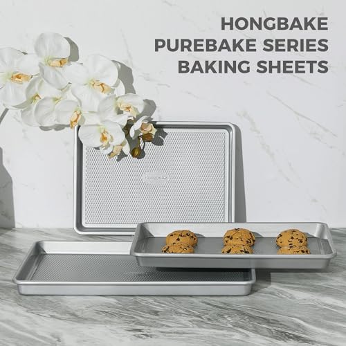 HONGBAKE Naturally Non Toxic Baking Sheet Pan Set of 3, Heavy Duty Aluminized Steel Cookie Sheets, Half/Quarter/Jelly Roll Pans with Textured Nonstick Surface, Free of PTFE & PFOA - color: Silver (Aluminized Steel)