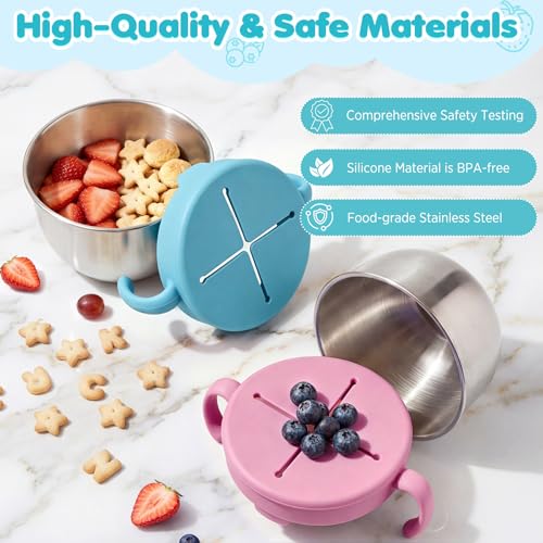 Snack Cups, 2 Pack Stainless Steel Toddler Snack Containers, Spill-Proof - color: Pink + Green
