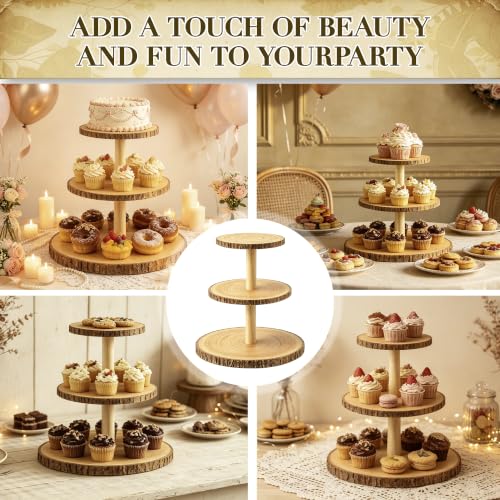3-Tier Round Wooden Cupcake Stand, Rustic Natural Bark Wood Dessert Display Tower Platter for Wedding, Birthday, Baby Shower, Tea Party & Farmhouse Party Buffet