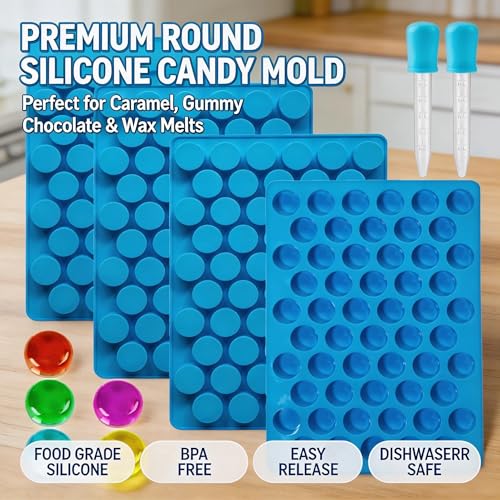 Round Gummy Candy Molds - 220 Cavity Silicone Candy Molds with 2pcs Dropper for Hard Candy, Gummy, Caramels, Chocolate, Ganache, Ice Cubes - color: 220 Cavity Round Candy Molds