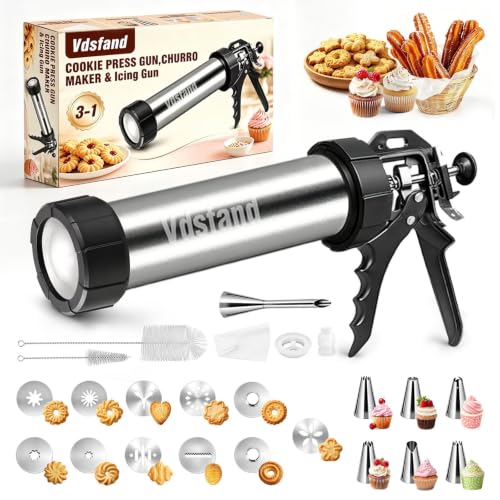 3-in-1 Cookie Press and Churro Maker, Stainless Steel Baking Gun