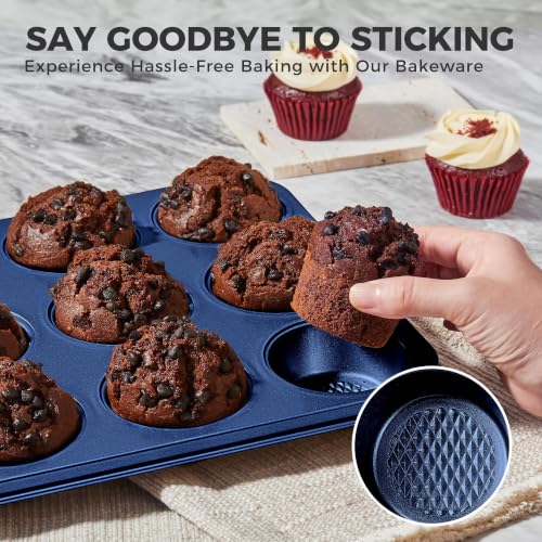 HONGBAKE 22-Piece Baking Pans Set Nonstick, Stackable Non Toxic Bakeware Sets with Diamond Texture, Oven Pan Set for Cooking, Includes Cookie Sheet with Rack, Cake Pan, Roasting Pan, Muffin Tin, Blue - color: Sapphire Blue
