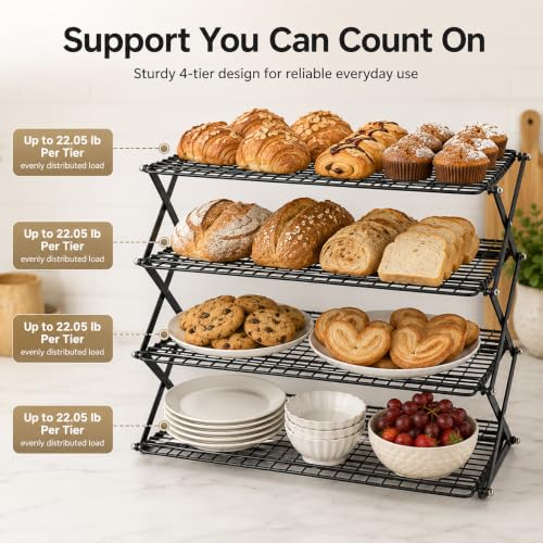 4-Tier Collapsible Cooling Rack with Adjustable 3 Setting Design Stackable Drying Wire Cooling Rack for Cooking and Baking, Roasting ＆ Grilling Gifts for Picnic Party, 2/3/4-Tier Upgraded