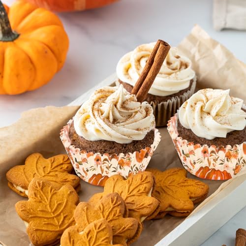Whaline 300Pcs Fall Cupcake Liners Watercolor Pumpkin Flower Paper Baking Cups Autumn Floral Muffin Liner Cake Paper Cups Storage Container for Thanksgiving Party DIY Craft, 2x1.2 Inch - style: Pumpkin Flower