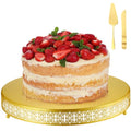 Wenqik Gold Metal Cake Stand 18 Inch with Cutting & Spatula - color: Gold, size: 18 Inch