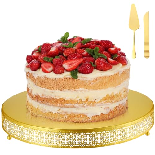 Wenqik Gold Metal Cake Stand 18 Inch with Cutting & Spatula - color: Gold, size: 18 Inch