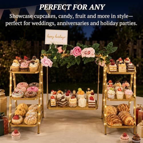 Metal 3 Tier Cupcake Stand with Fairy Lights, Flower Garland,Gold - color: 2-Gold