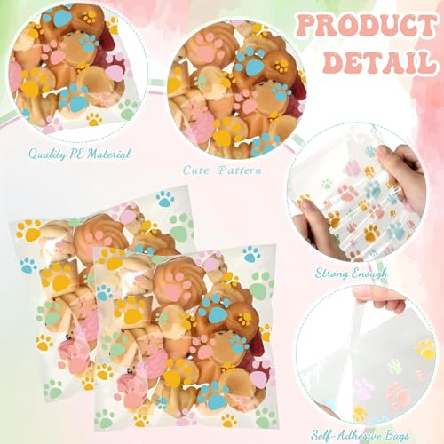 Pasimy 200 Pcs Dog Paw Treat Bags, Clear Self Adhesive Pastel Color - color: Spring Color